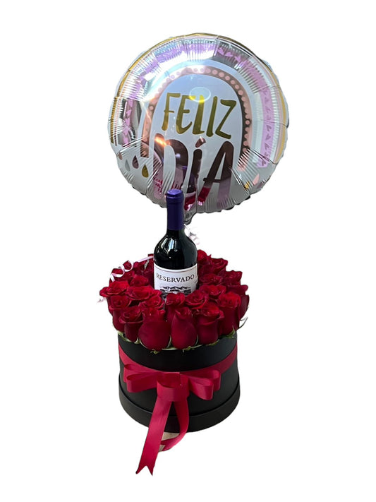 Caja de rosas con vino y globo