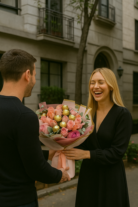 Bouquet de rosas con chocolates