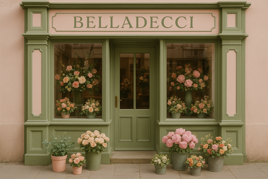 genera una foto de una tienda fisica de floristeria belladecci en colores rosa pastel y verde olivo