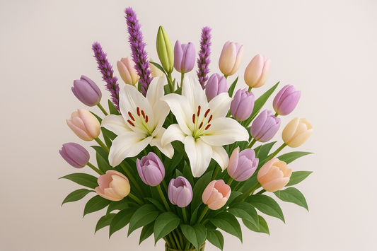 RAMO DE CASABLANCAS CON LIATRIX Y TULIPANES EN TONOS PASTEL