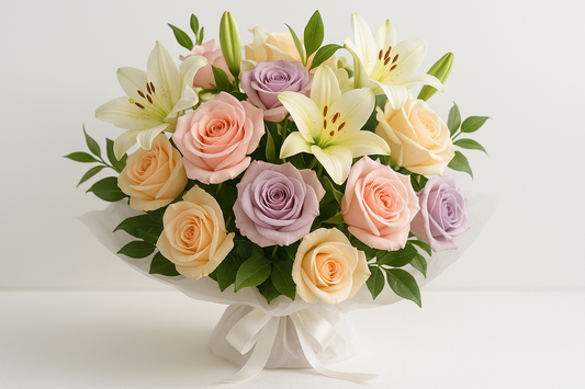 RAMO DE ROSAS CON LILIS EN COLORES PASTEL